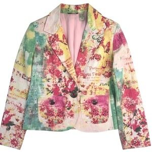 New Direction Floral Sequin Blazer Jacket Pink Yellow Paris Script Cotton Size M